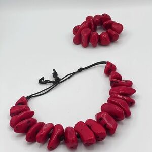 Vintage Large Red Beaded Statement Necklace and Bracelet Set